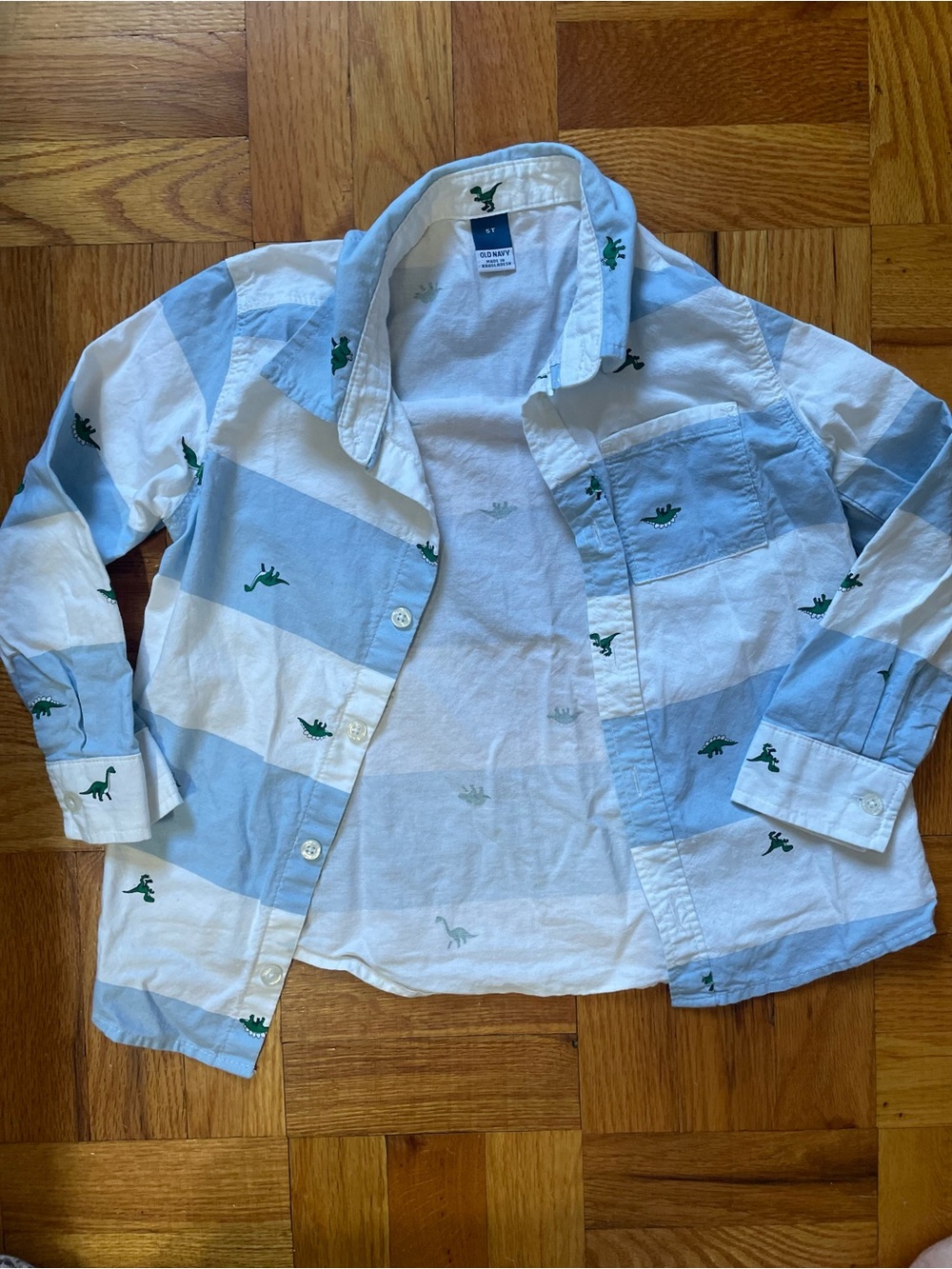 Old Navy Light Blue & White Striped Button-Down with Green Dino Motif